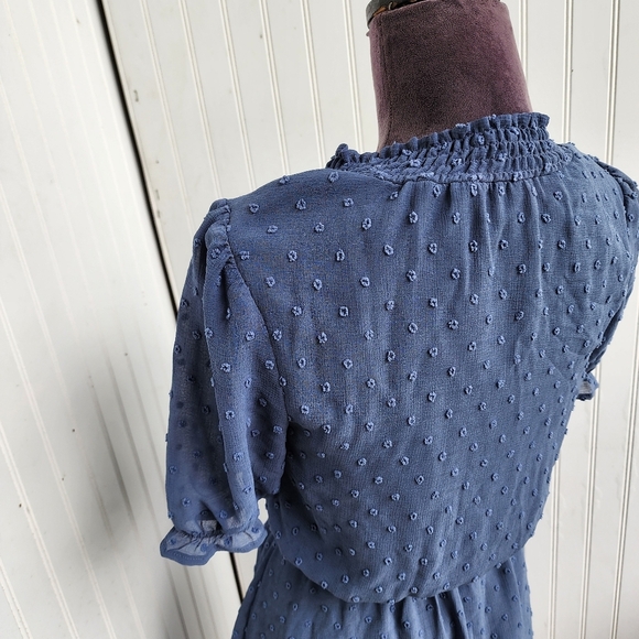 Monteau Women's Blue Swiss Dot Dress Fit Flare Ruffled Short Sleeve Sz S - Picture 7 of 13